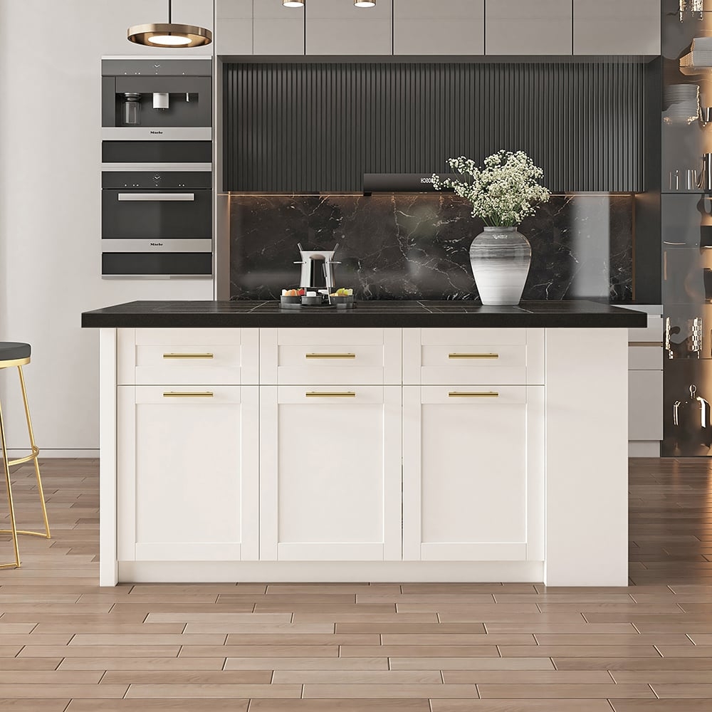 Kitchen Island with Stone Top and Shaker Style Gold Accents