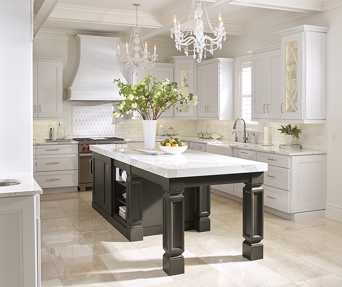 Kitchen Island with Turned Decorative Legs and Dual Chandeliers