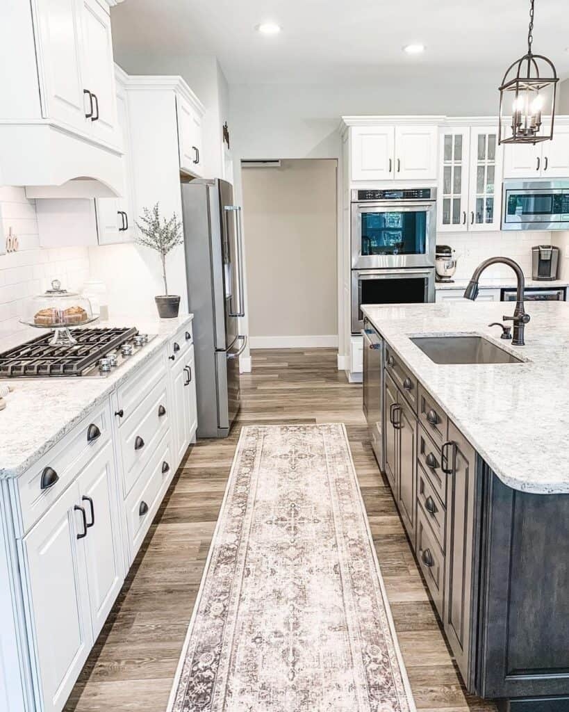 Kitchen Island with Vintage Runner and Matte Black Accents