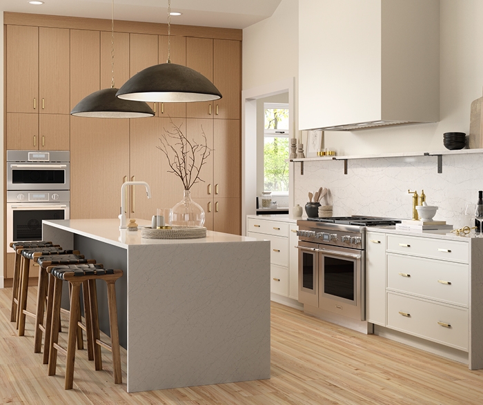 Kitchen Island with Waterfall Edge and White Oak Texture Detail