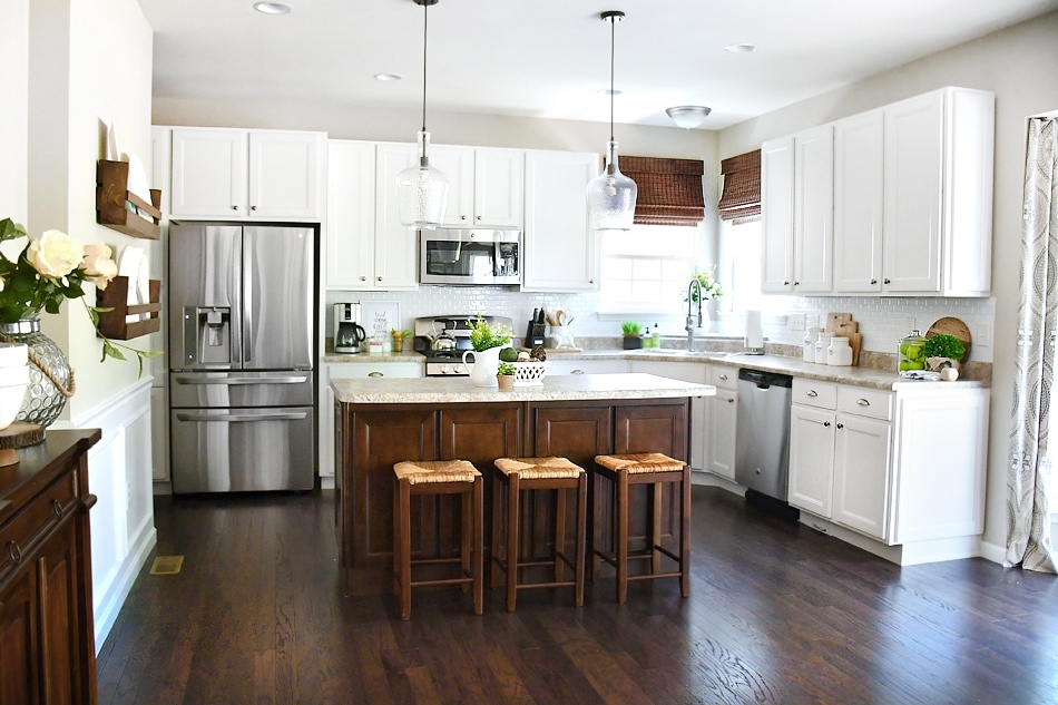 White Cabinets Black Island