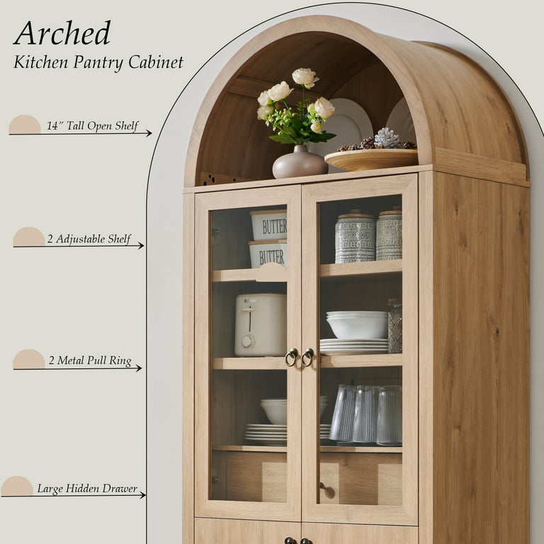 Kitchen Pantry Cabinet: Arched Tall Oak Wood Storage