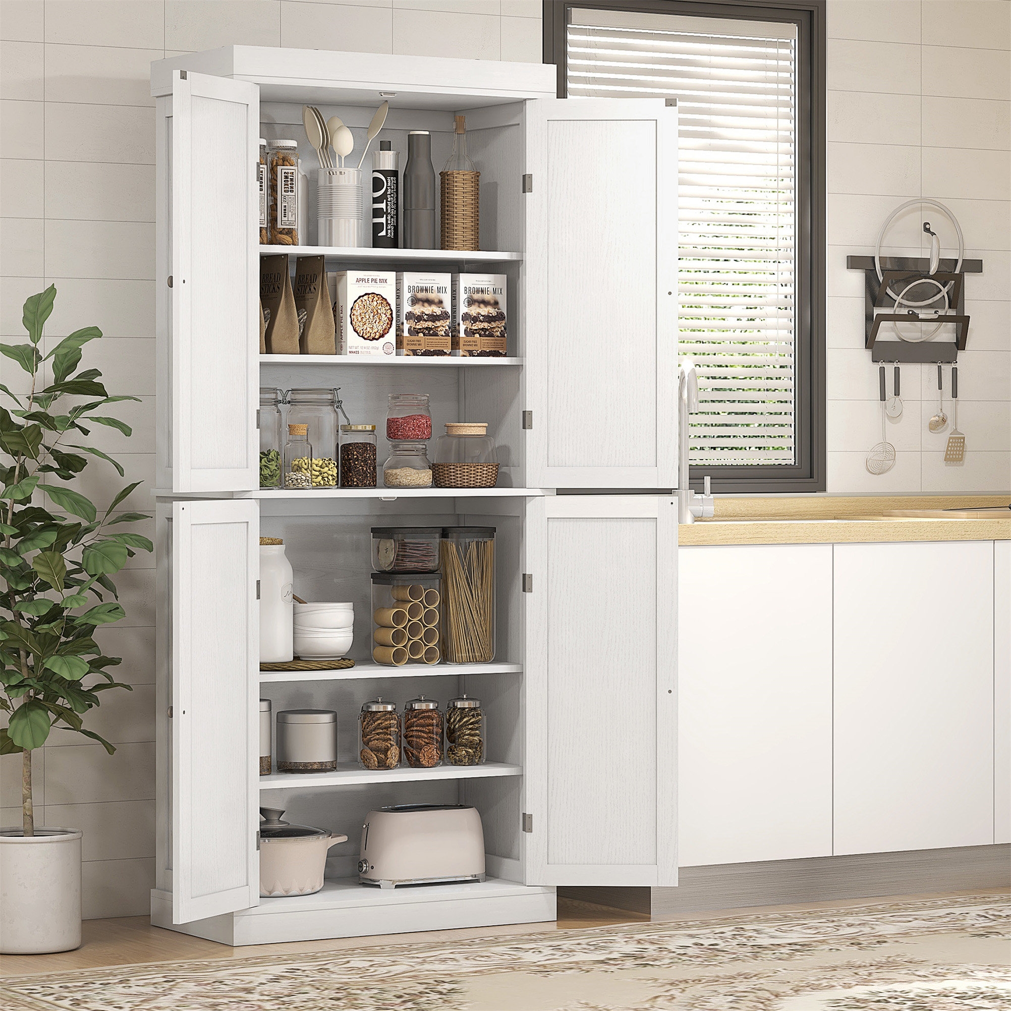 Kitchen Pantry with Four Door Split and Shaker Style Pantry Cabinet