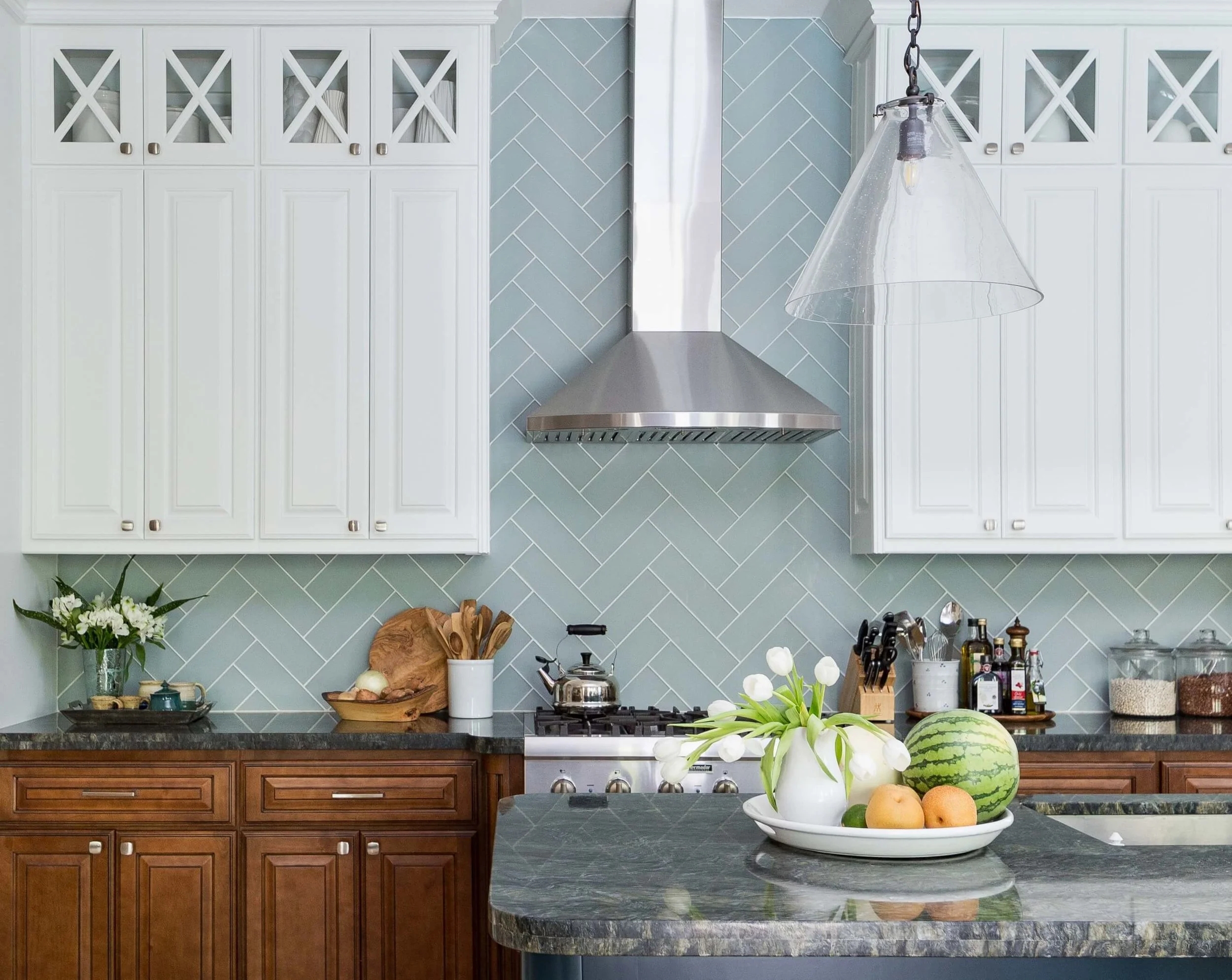 Kitchen Remodel Two Tone Cabinets and Herringbone Backsplash