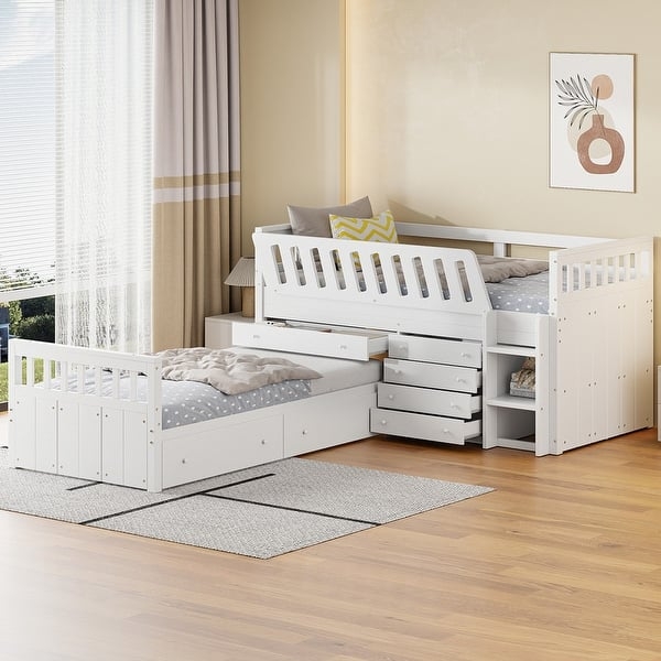 L Shaped Bunk Bed Seven Drawers White Wood Space Saving