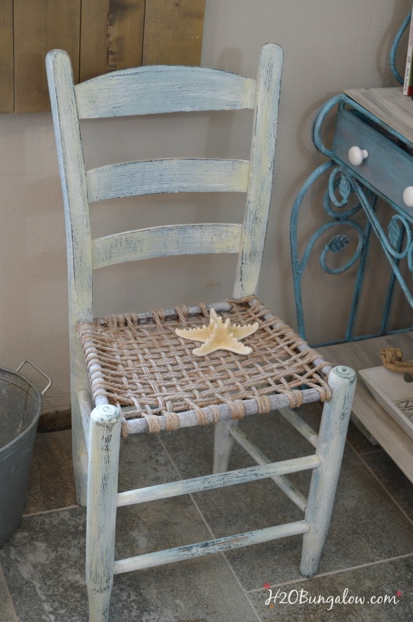 Ladder Back Chair weathered blue finish woven rope seat chair