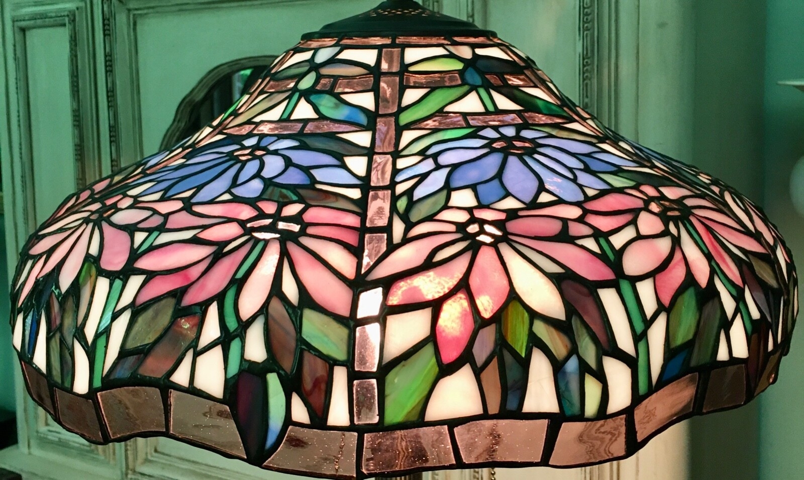 Lamp Shade in Leaded Glass featuring Pink Floral Mosaic