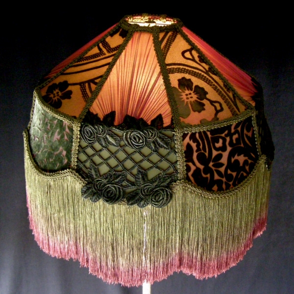 Lamp Shade with Ombre Fringe and Black Rose Appliques