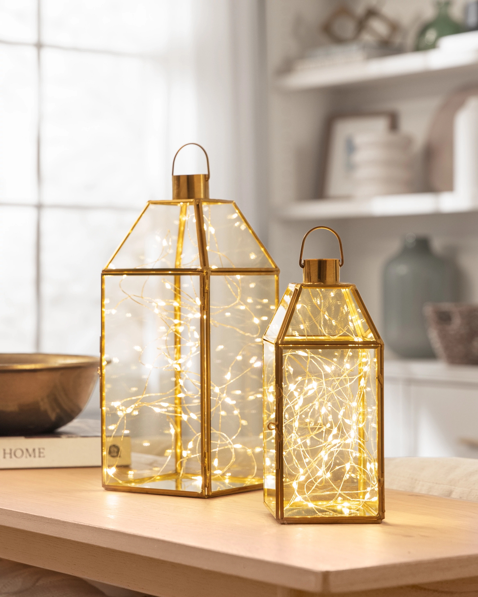 Lantern: Brass Frame Geometric Shape with Decorative Glass Set