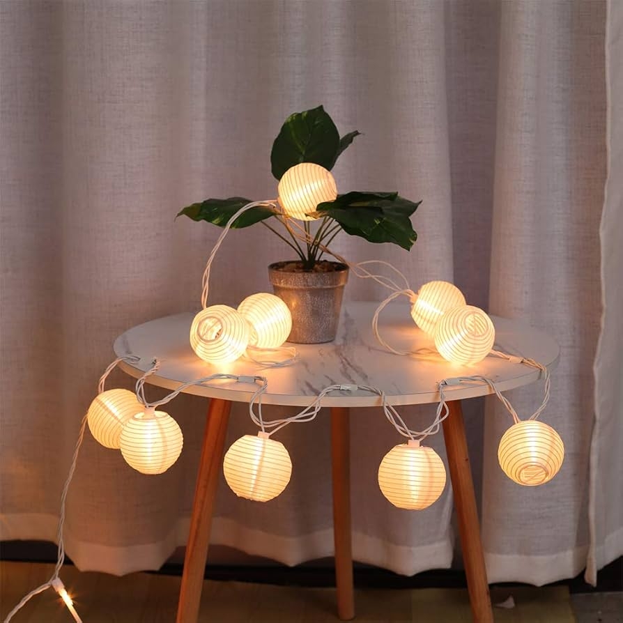Lantern String Lights: White Nylon Shades and Horizontal Ribbing