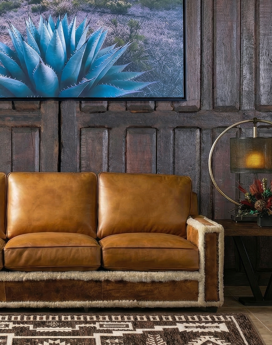 Leather Sofa: Sheepskin Border and Western Leather Lodge Decor