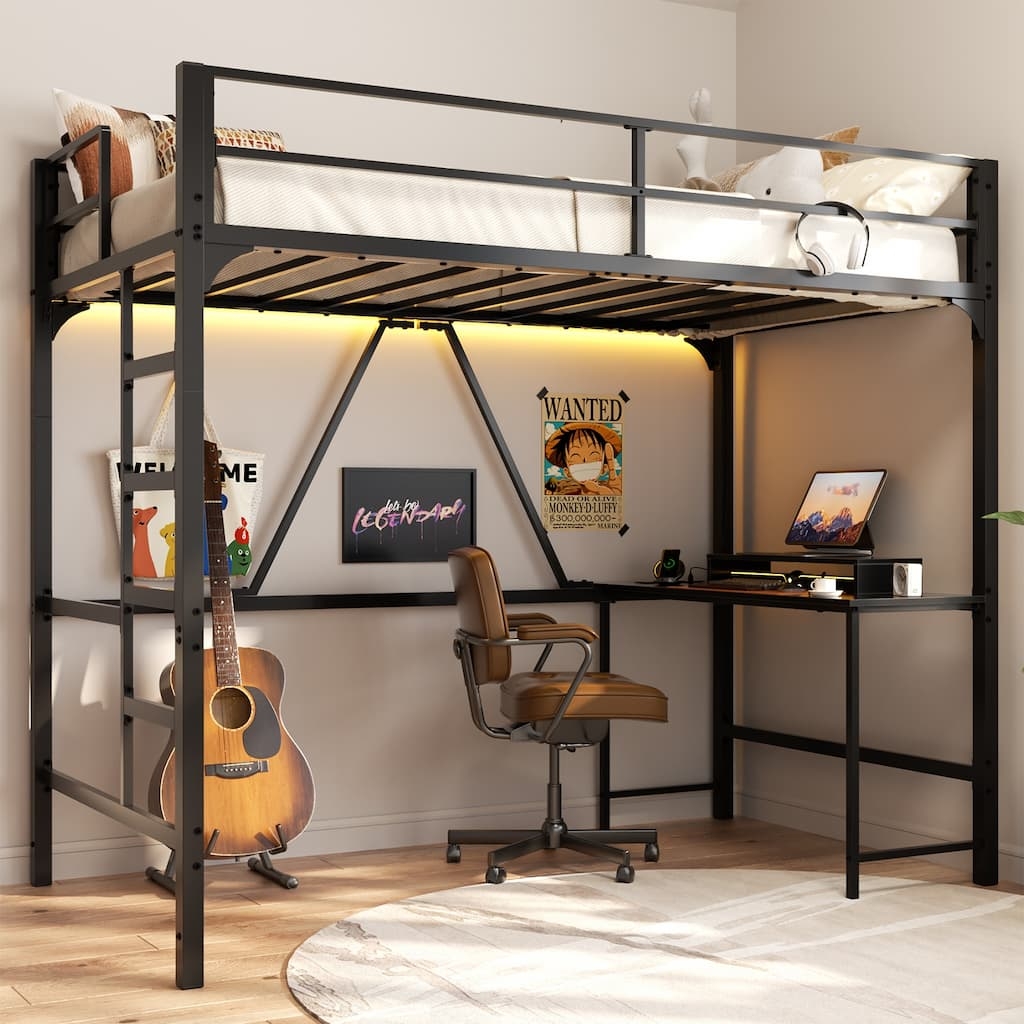LED Loft Bed with Matte Black Frame and Study Desk