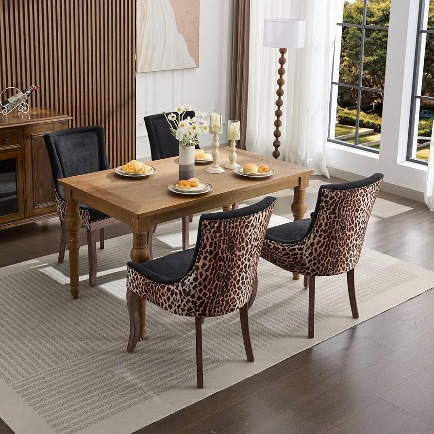 Leopard Print Backrest Dining Chair with Black Seat