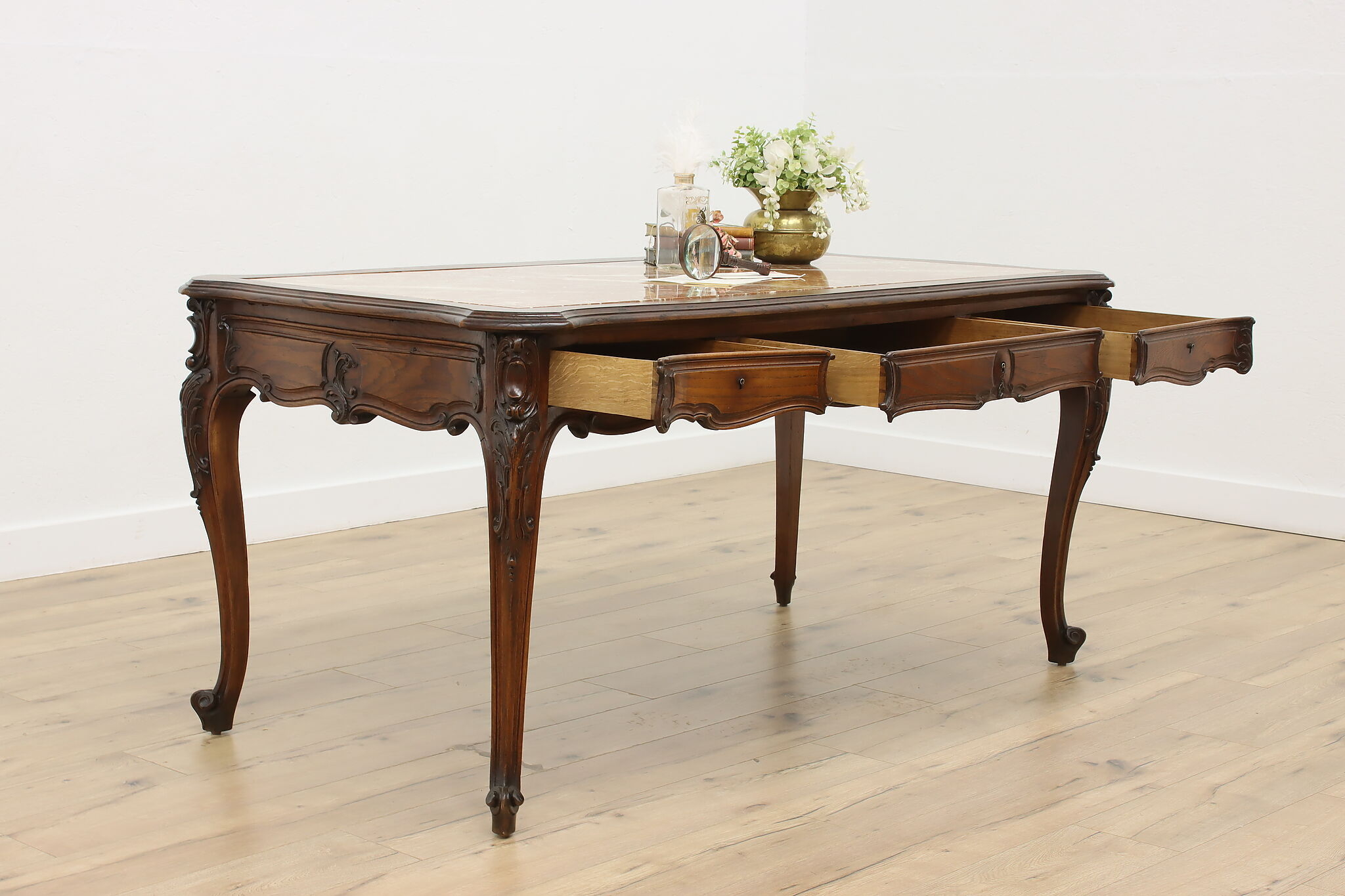 Library Desk with Marble Top and Carved Oak Scalloped Apron