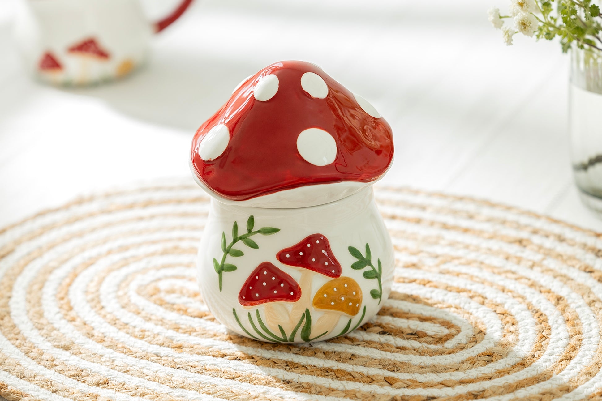 Lidded Canister: Toadstool Shaped Lid Hand Painted Jar