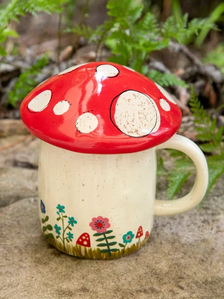 Lidded Mug: Mushroom Cap Lid Hand Painted Details Cup