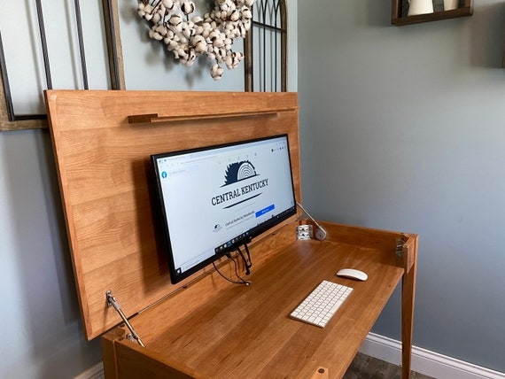 Lift Top Desk Hidden Monitor Compartment Wood Workstation