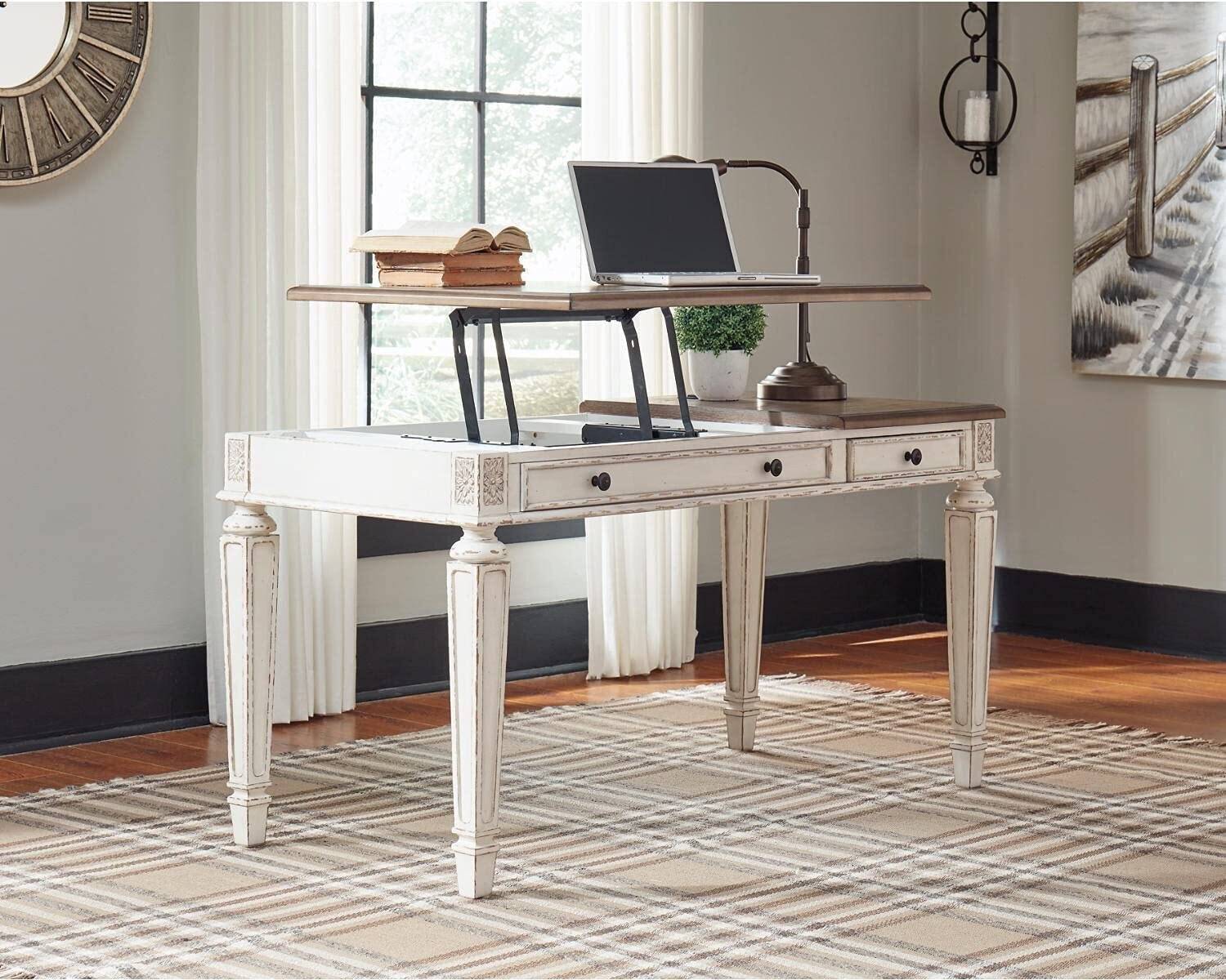 Lift Top Desk with Fluted Legs and Farmhouse Sit Stand Feature