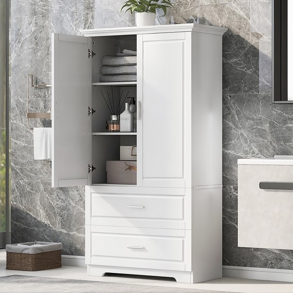 Linen Cabinet featuring Shaker Style Panels and Crown Molding Storage
