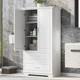 Linen Cabinet featuring Shaker Style Panels and Crown Molding Storage