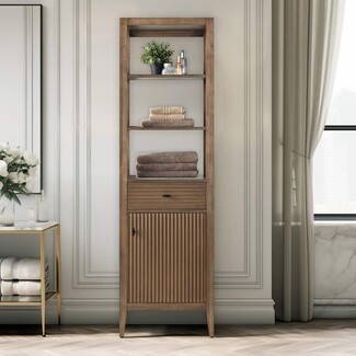 Linen Cabinet with Fluted Front and Tapered Legs in Warm Wood Tone