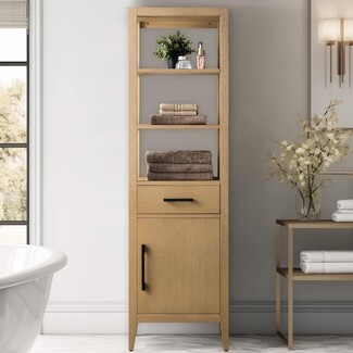 Linen Cabinet with Slim Black Handles and Three Tier Shelving Oak