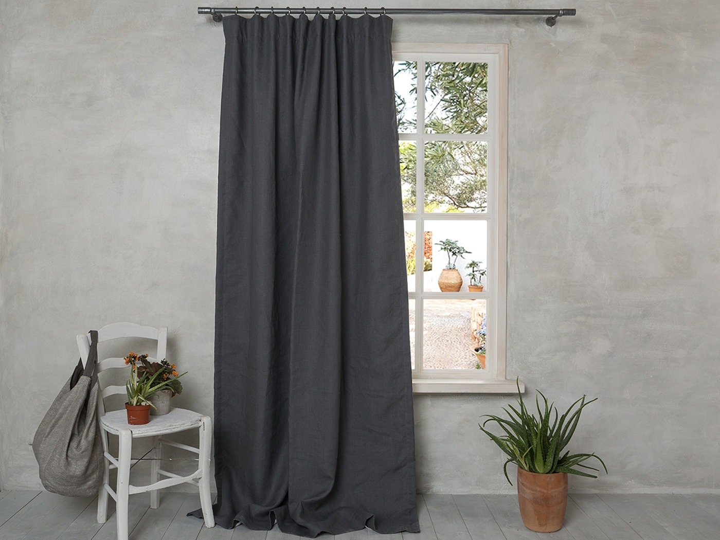 Linen Curtain Floor Pooling Charcoal Industrial Rod Mount