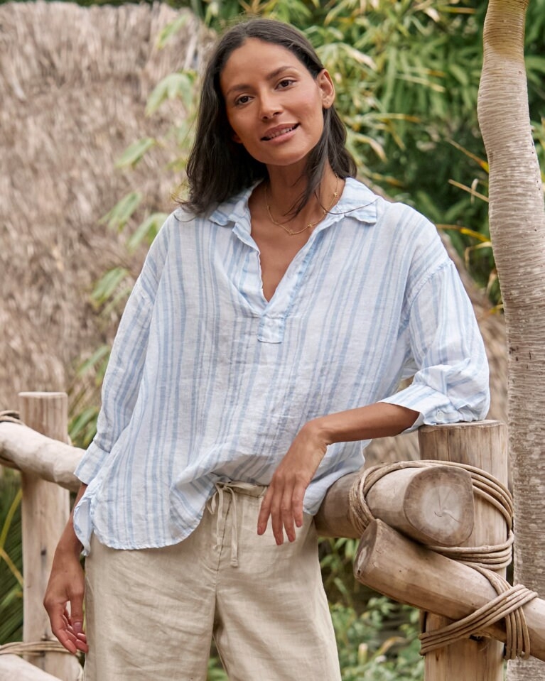 Linen Top Vertical Stripes Relaxed Blue White Beach Outfit