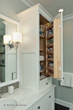 Linen Tower with Door Shelf Organizer and Classic Crown Molding