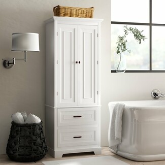 Linen Tower with Dual Drawers and Traditional Crown Molding Trim
