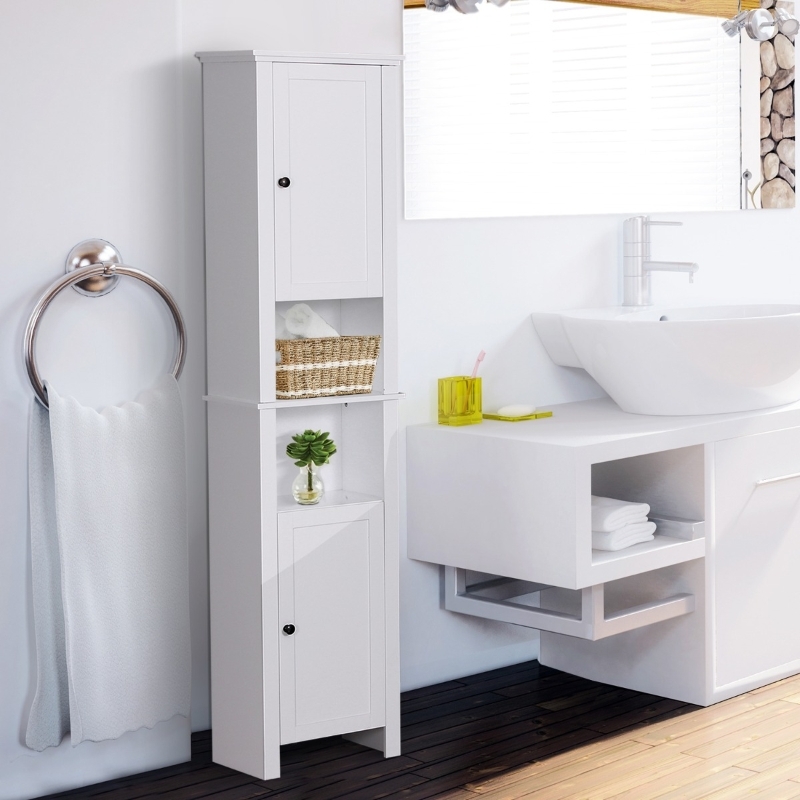 Linen Tower with Open Center Shelving and Tall Narrow Profile White