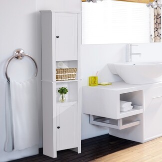 Linen Tower with Open Center Shelving and Tall Narrow Profile White