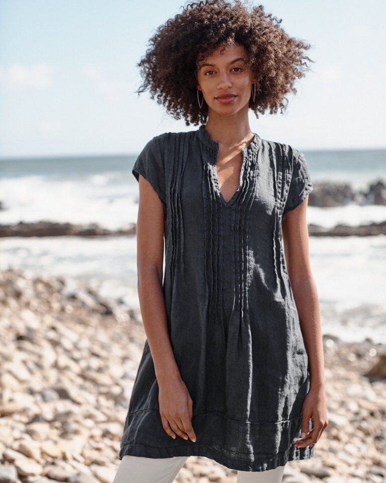 Linen Tunic Vertical Pintucks Charcoal Linen Resort Wear
