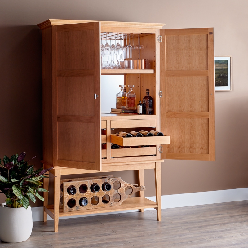Liquor Cabinet with Mirrored Interior and Pull Out Drawer
