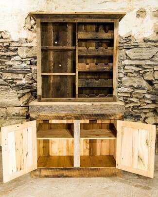 Liquor Cabinet with Scalloped Wine Racks and Wood Frame