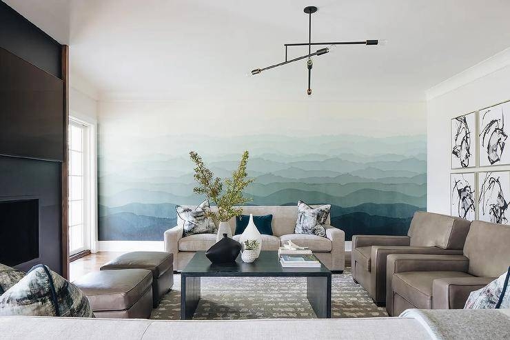 Living Room Ensemble with Mountain Mural Multi Arm Lighting Art