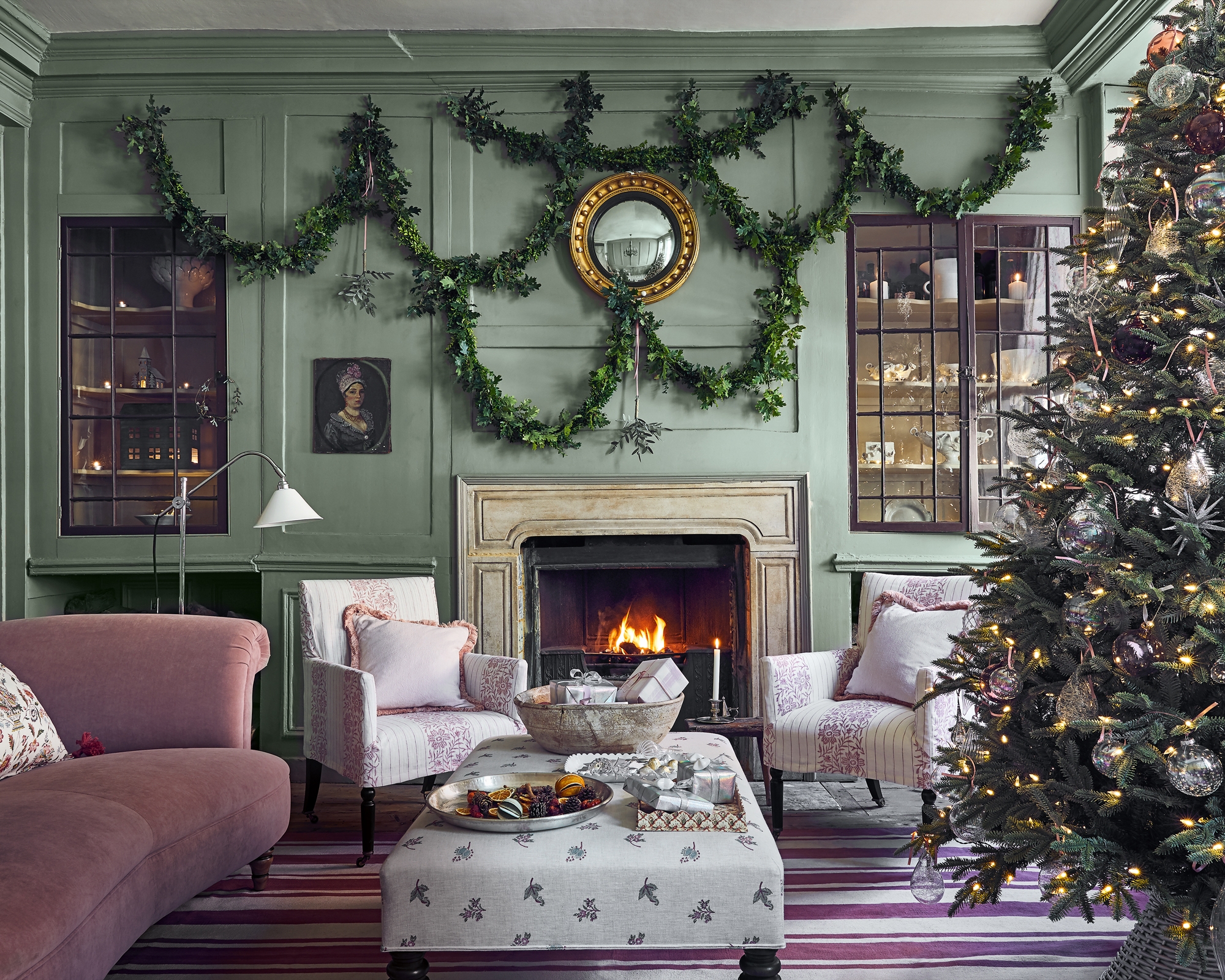 Living Room Set Draped Foliage Swags Sage Green Christmas Decor