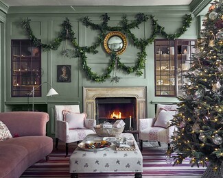 Living Room Set Draped Foliage Swags Sage Green Christmas Decor