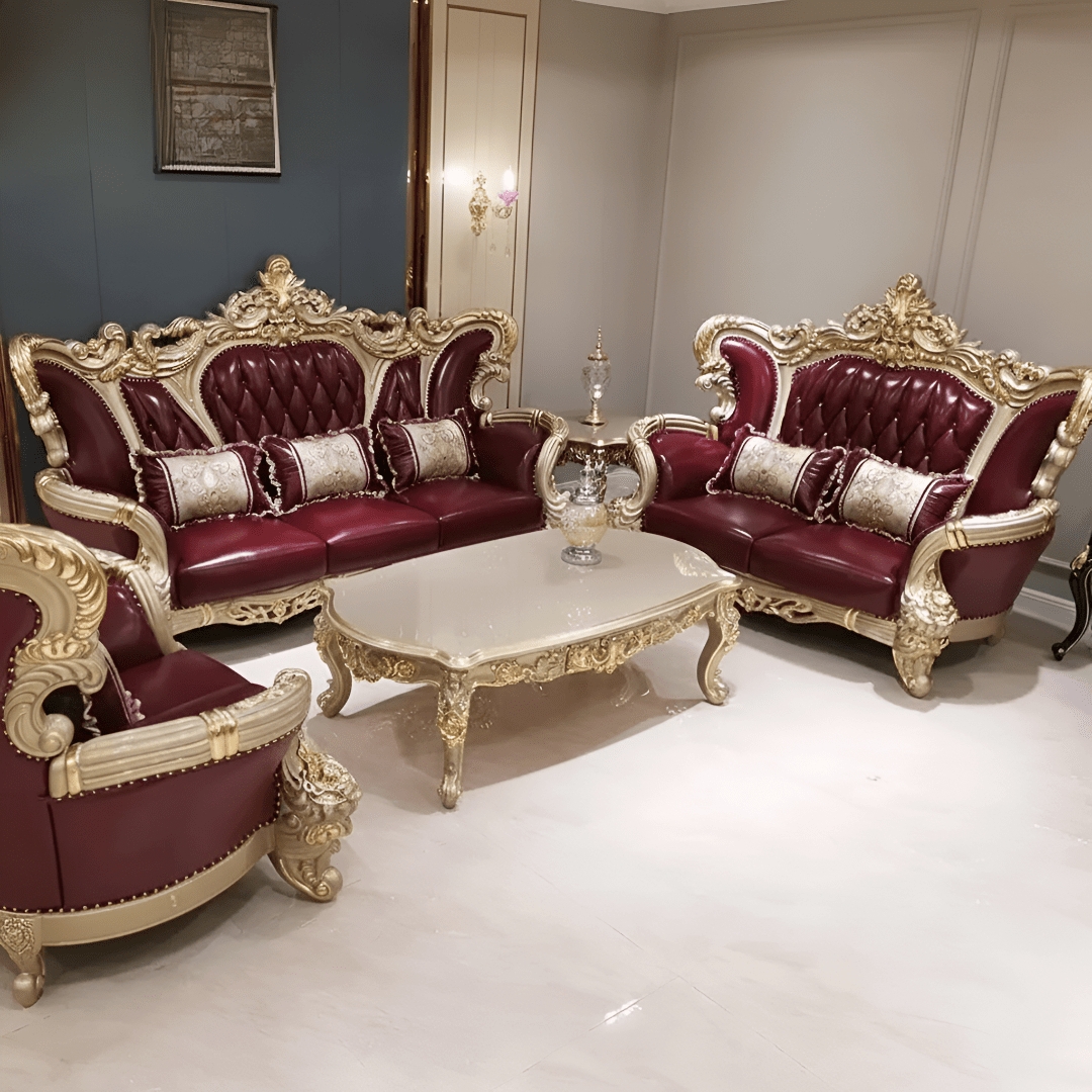 Living Room Set Featuring Maximalist Carvings and Brick Red Seating