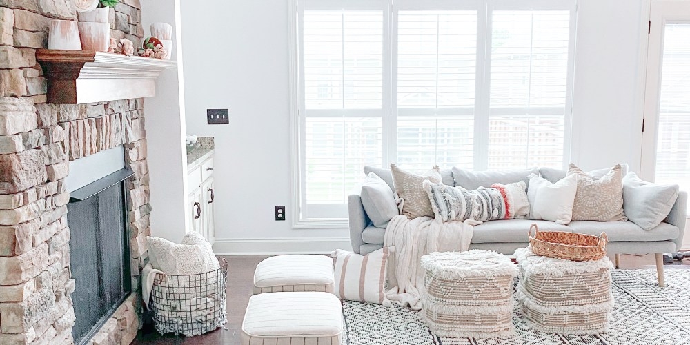 Living Room Set Featuring Textured Boho Floor Poufs And Rug