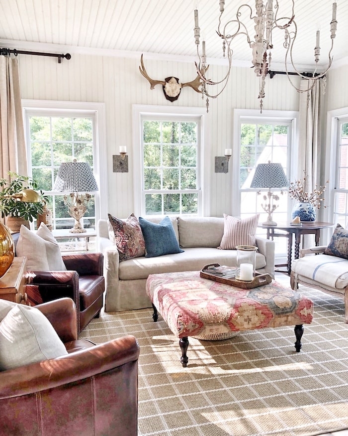 Living Room Set Including Patterned Ottoman and French Farmhouse Decor