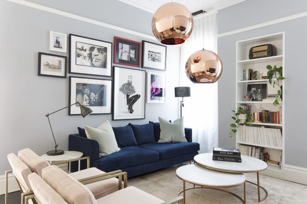Living Room Set: Navy Velvet Sofa and Copper Globe Pendant Lights