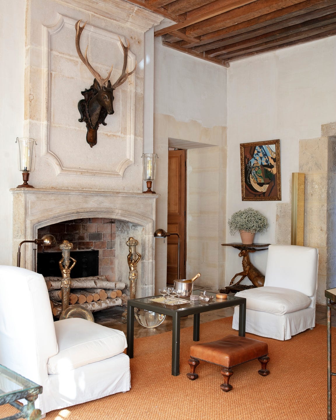 Living Room Set Ochre Sisal Rug Carved Stone Mantel