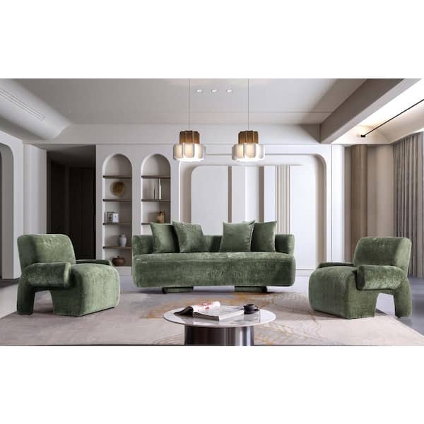 Living Room Set: Olive Green Chenille with Sculptural Base