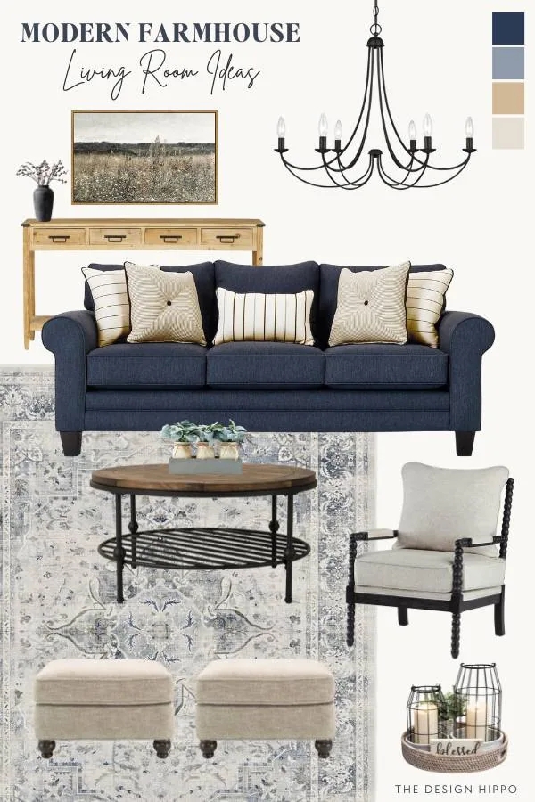 Living Room Set Showcasing Bobbin Chair and Navy Farmhouse Decor
