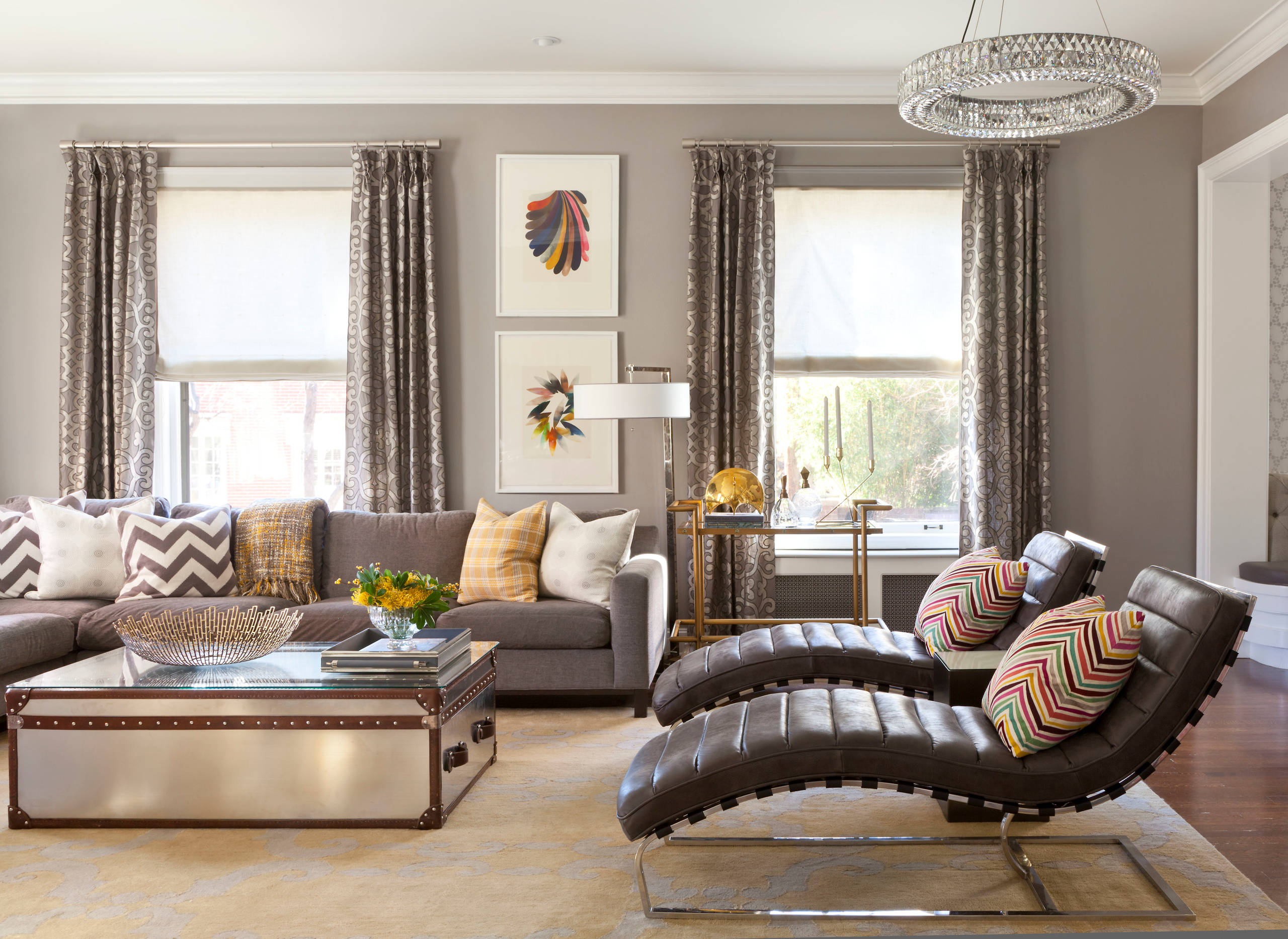 Living Room Set: Silver Trunk Coffee Table and Mixed Metal Decor