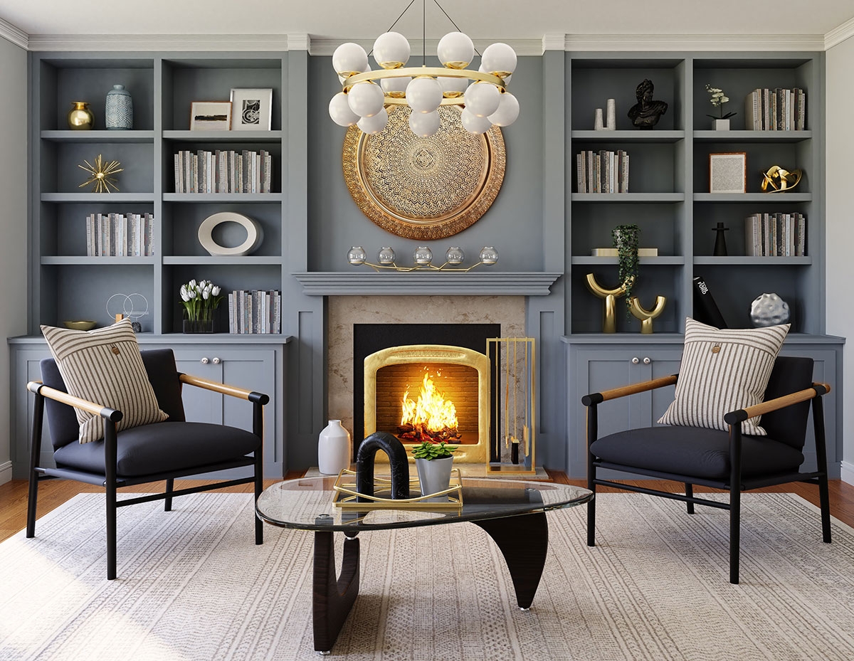 Living Room Set: Slate Blue Cabinets and Mixed Metal Finishes