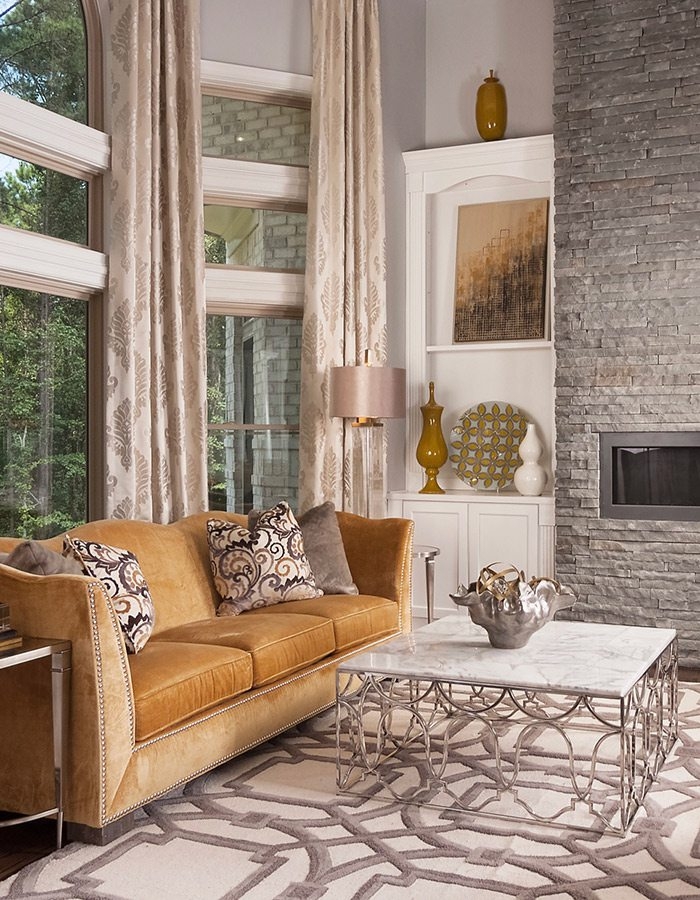 Living Room Set: Stacked Stone Fireplace and Lattice Table Base