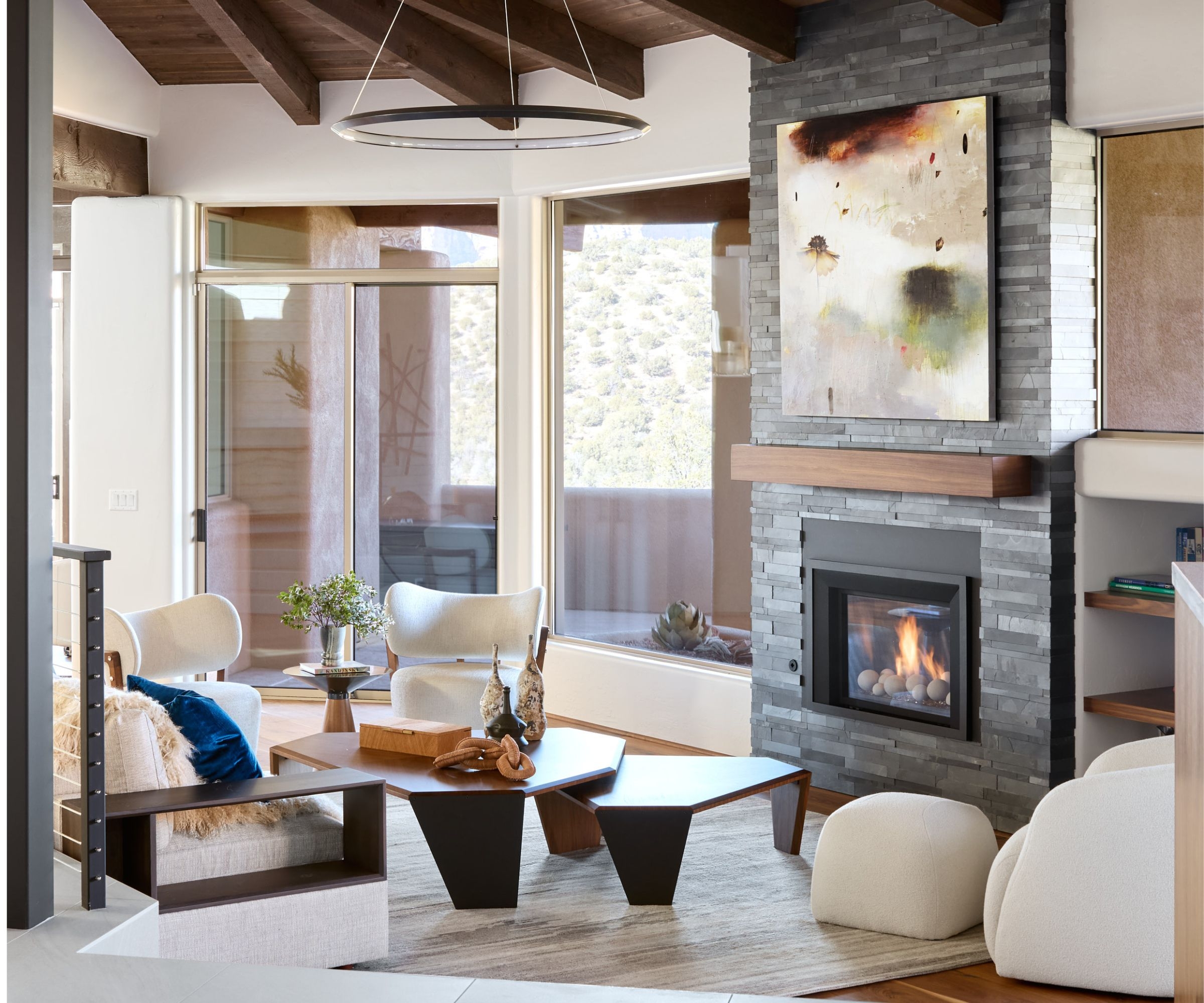 Living Room Set Stacked Stone Hearth and Hexagonal Tables