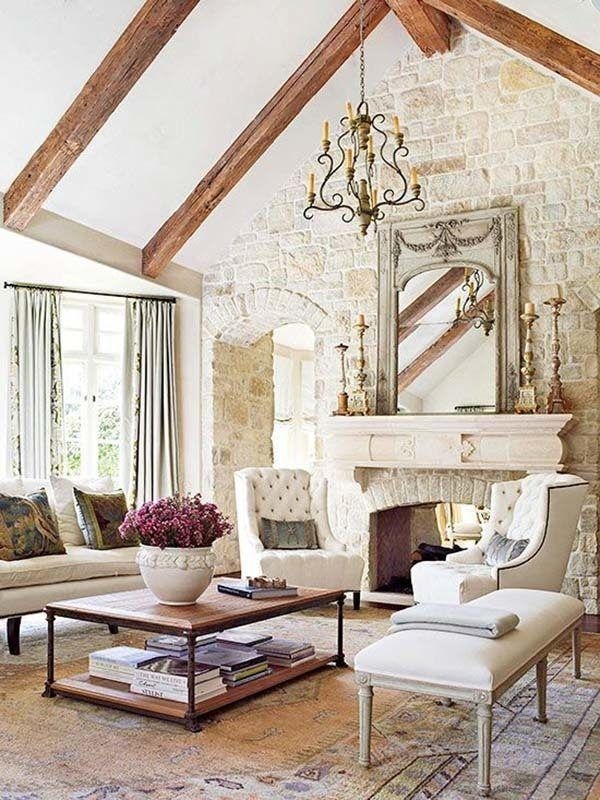 Living Room Set Stone Clad Wall Vaulted Beam Decor
